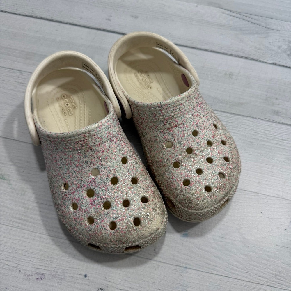 Crocs classic girls white pink silver glitter shoes little kids child size 10